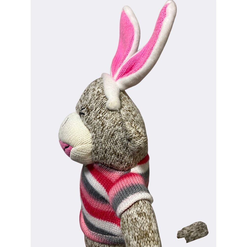 Sock Monkey Plush Toy With Pink Bunny Ears And Striped Sweater 12 Inches Tall - Picture 9 of 10